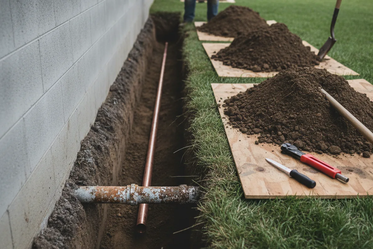 Excavated water line trench during Water Softener Installation in Tarrytown